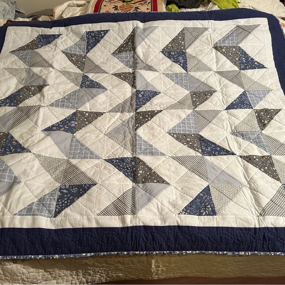 New Homemade Patchwork Hand Stitched Geometric Cotton Lap Quilt, ~51”x63”